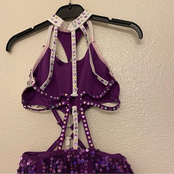 Glamour dance costume purple sequin gems rhinestone fringe embellished child M/L - Picture 4 of 14